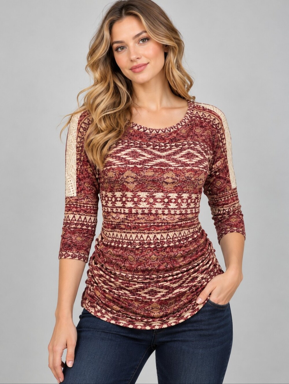Almost FAMOUS Southwestern Aztec Ikat Ruched Oxblood Blouse